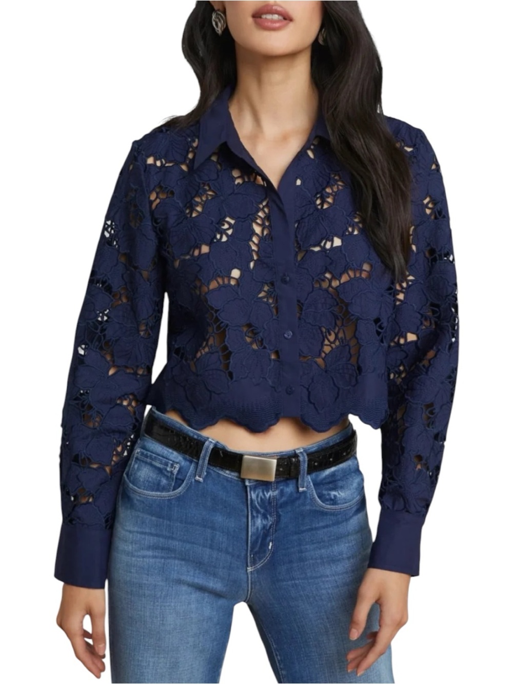L’Agence Seychelles Eyelet Cropped Blue Lace Blouse Size S Long Sleeve Shirt